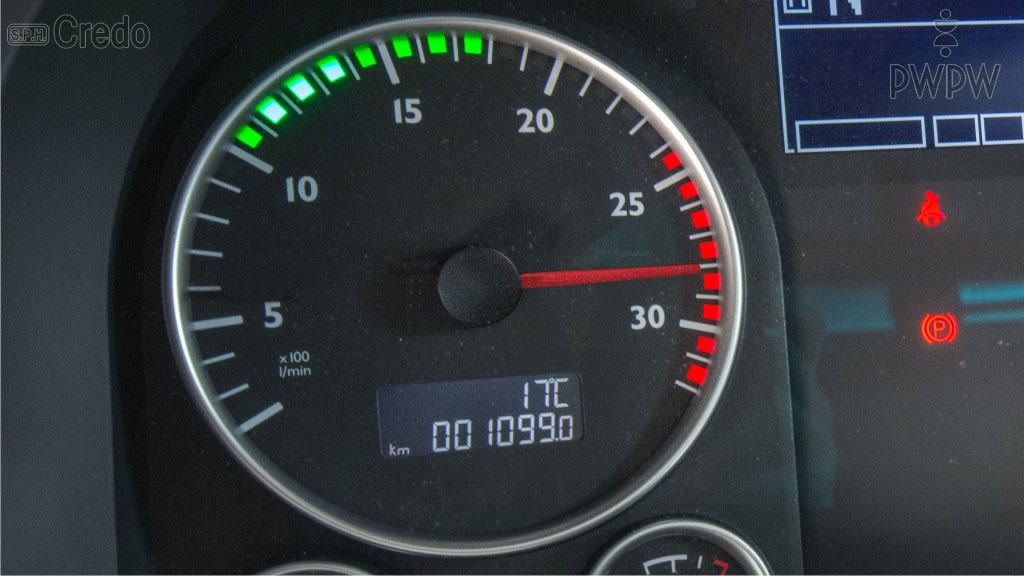 Question illustration: What may be the consequence of a long bus drive, when the tachometre indicator is constantly in the red field?