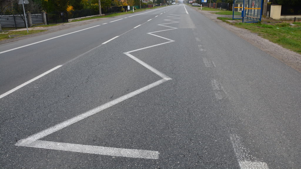 Question illustration: Does the visible "bus stop line" signify a roadway on which driving is prohibited?