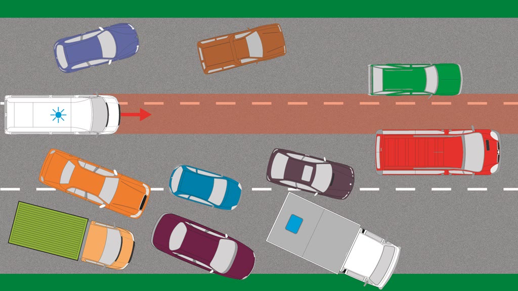 Question illustration: In the presented situation, do the drivers of the red and green vehicles in compliance with the regulations ensure the passage of the emergency vehicle by creating the so-called "emergency corridor"?