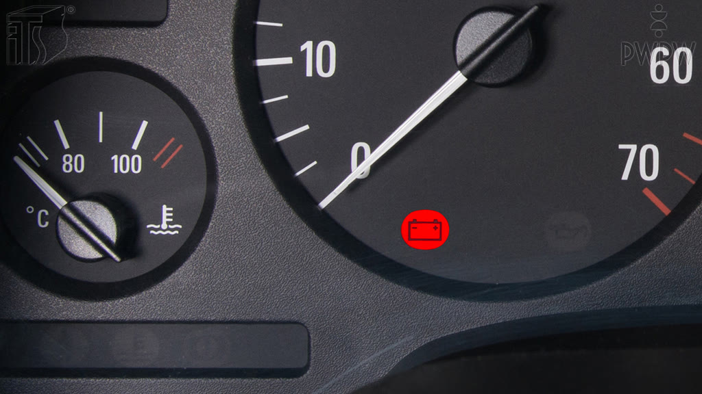 Question illustration: What does the warning light with the battery symbol turned red when on the move warn of?
