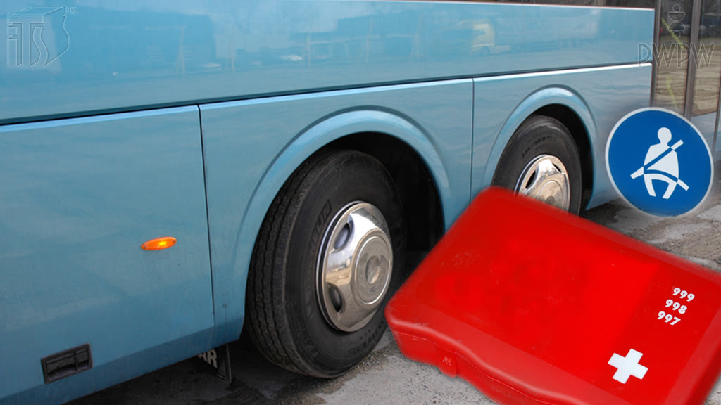 Ilustracja do pytania: Co stanowi obowiązkowe wyposażenie autobusu, którego dopuszczalna prędkość wynosi 100 km/h?