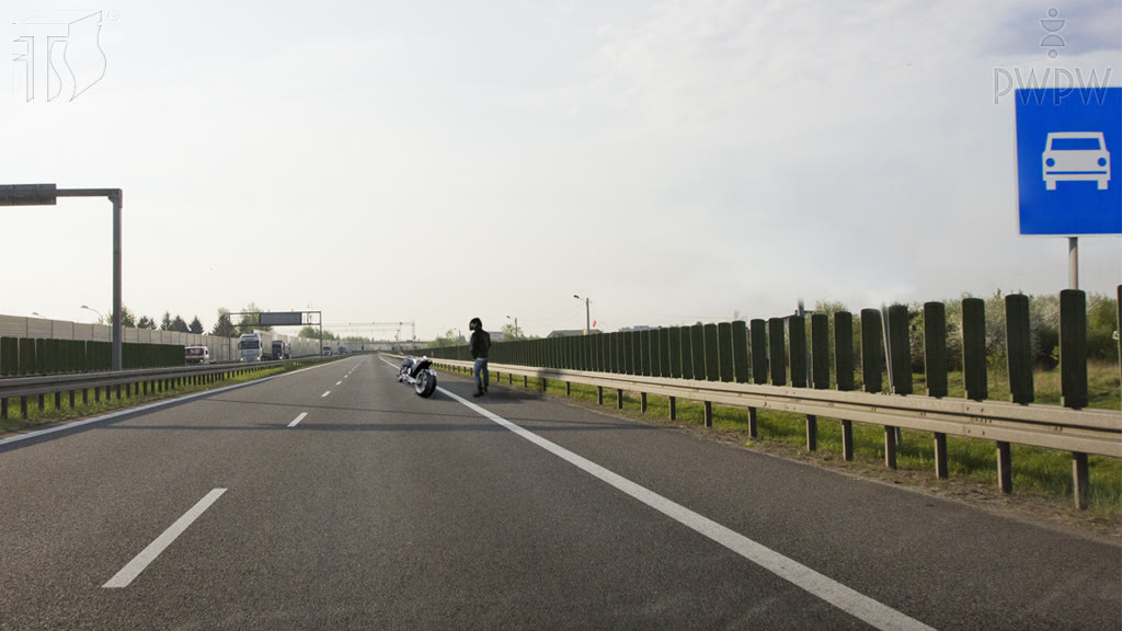 Ilustracja do pytania: Czy w tej sytuacji masz obowiązek przestawić uszkodzony motocykl na pas awaryjny?